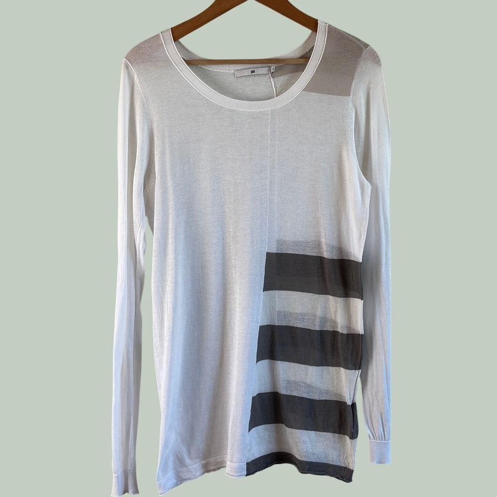 Jarbo Semi Sheer Modernist Knit Top White Grey Womens 40 Casual Luxe Artsy